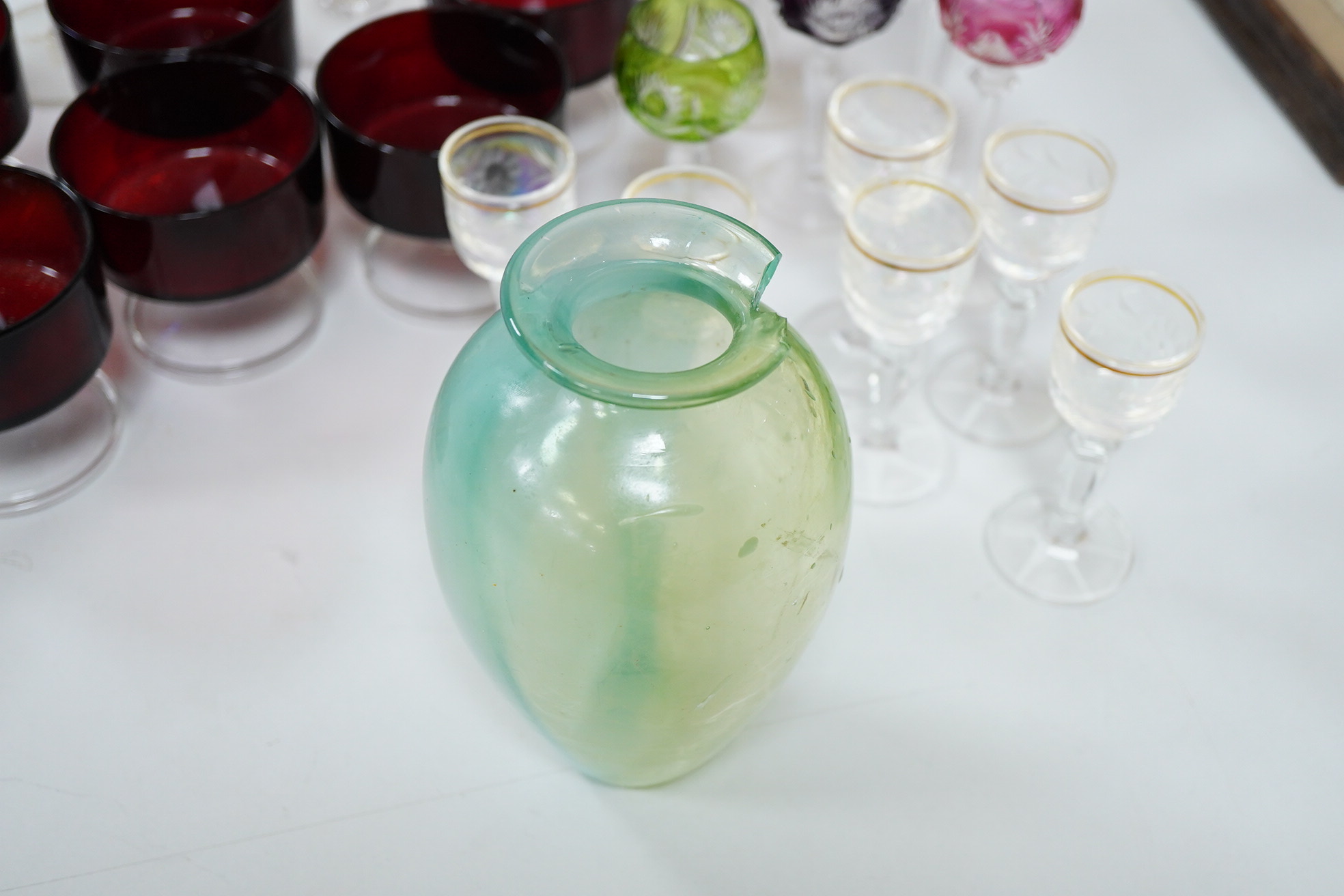 A collection of various glass ware to include hoc glasses, floral etched rummers etc.